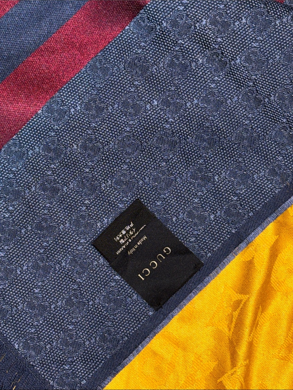 Gucci Wool Silk GG Monogram Web Verbiere Fringe Scarf Navy Blue - Picture 3 of 4